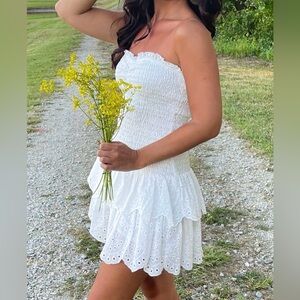 NanaMacs Strapless White Smocked Eyelet Ruffle Mini Dress
